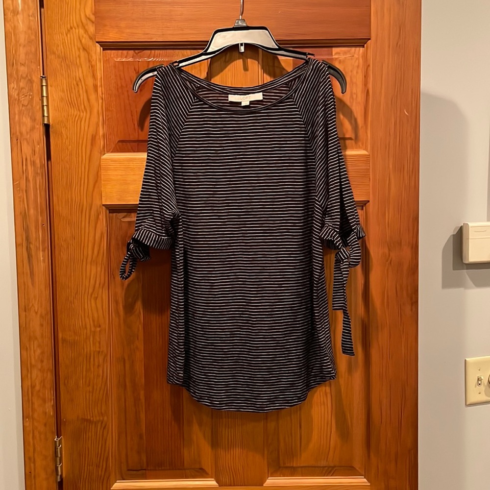 Black and white striped cold shoulder top